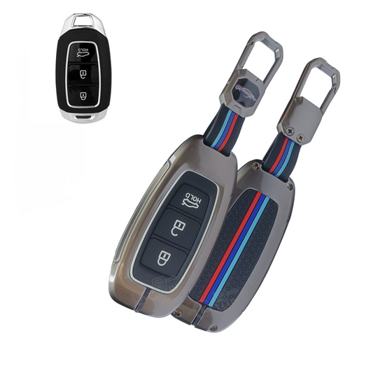 KEY COVER HOUSE Metal Striped Key Cover And Key Chain Compatible For Verna/Kona Electric 3 Button  Smart Key